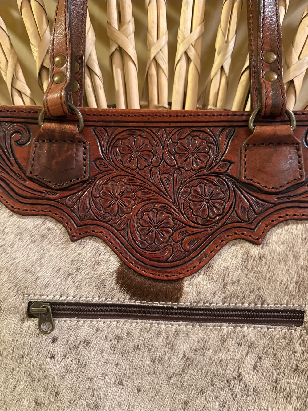 American Darling Brown & White Tooled Leather Fringe Shoulder Bag - Picture 3 of 5